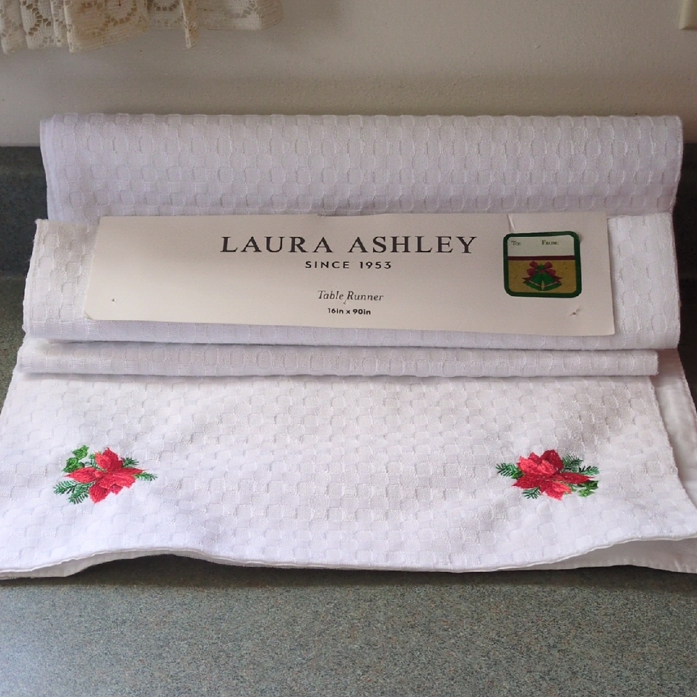 Laura Ashley White Table Runner with Red and Green Embroidery NWT